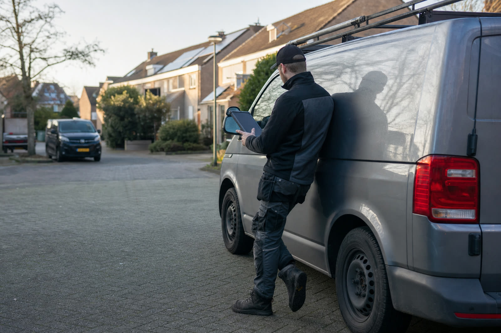 Vakman bekijkt zijn website op een tablet bij zijn bedrijfsbus