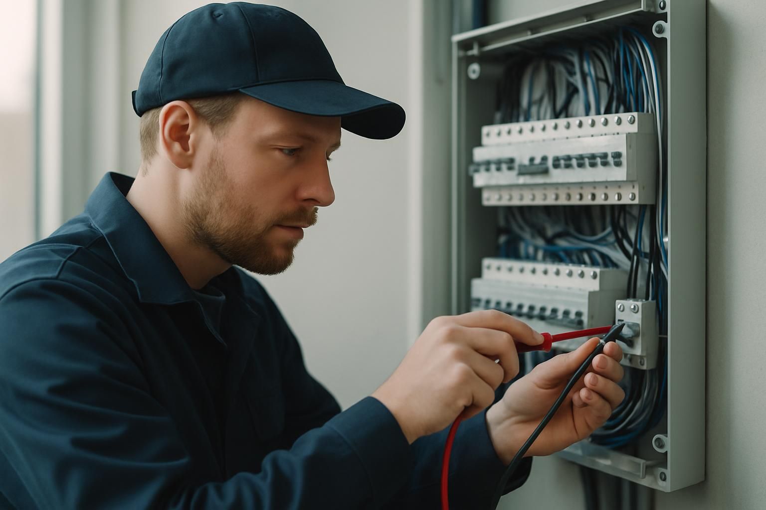 Elektricien werkt geconcentreerd aan een meterkast